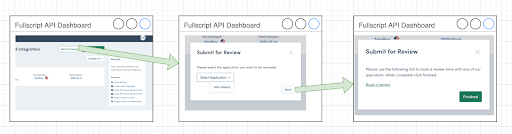 Screen captures of the Fullscript API Dashboard showing the location of the Submit for Review button near the top of the page