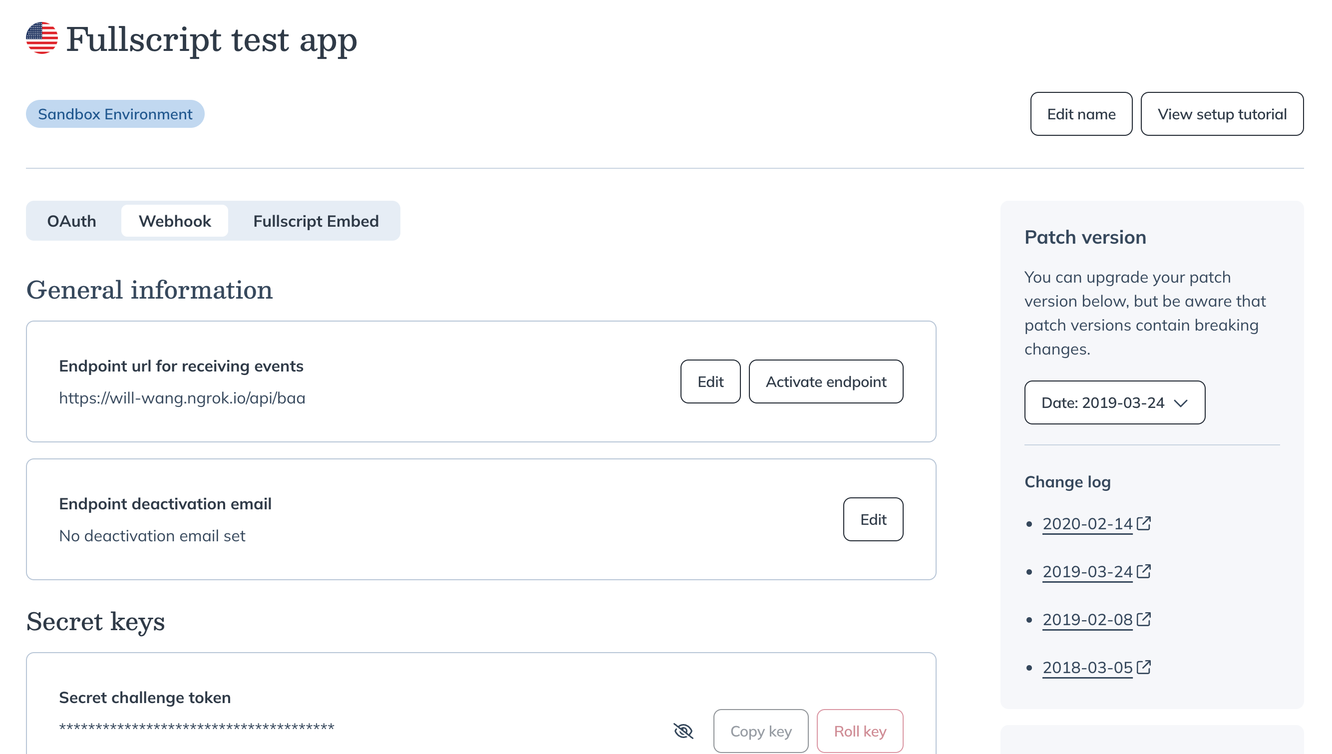 Screen capture of the Fullscript API Dashboard showing the Webhook configuration page