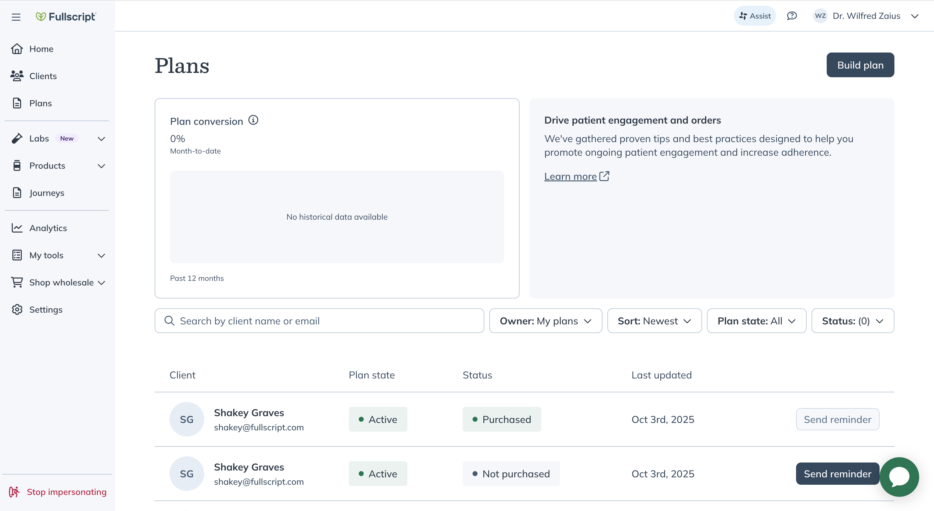 Screen capture of the Fullscript Web App, open to the select/find a plan option on the treatment plan page